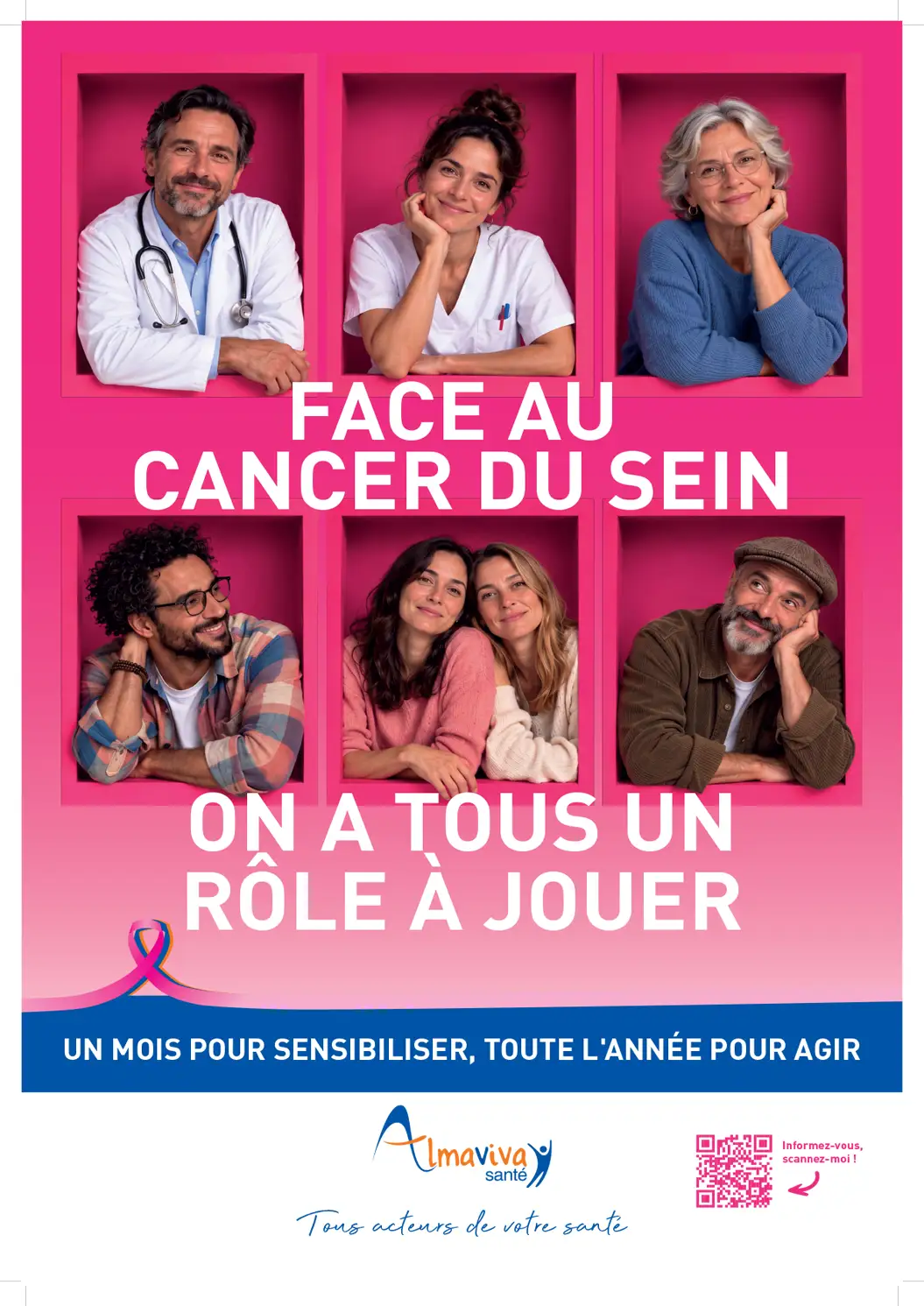Affiche Octobre Rose Almaviva Santé : face au cancer du sein, on a tous un rôle à jouer. Prévenir, c'est déjà agir.